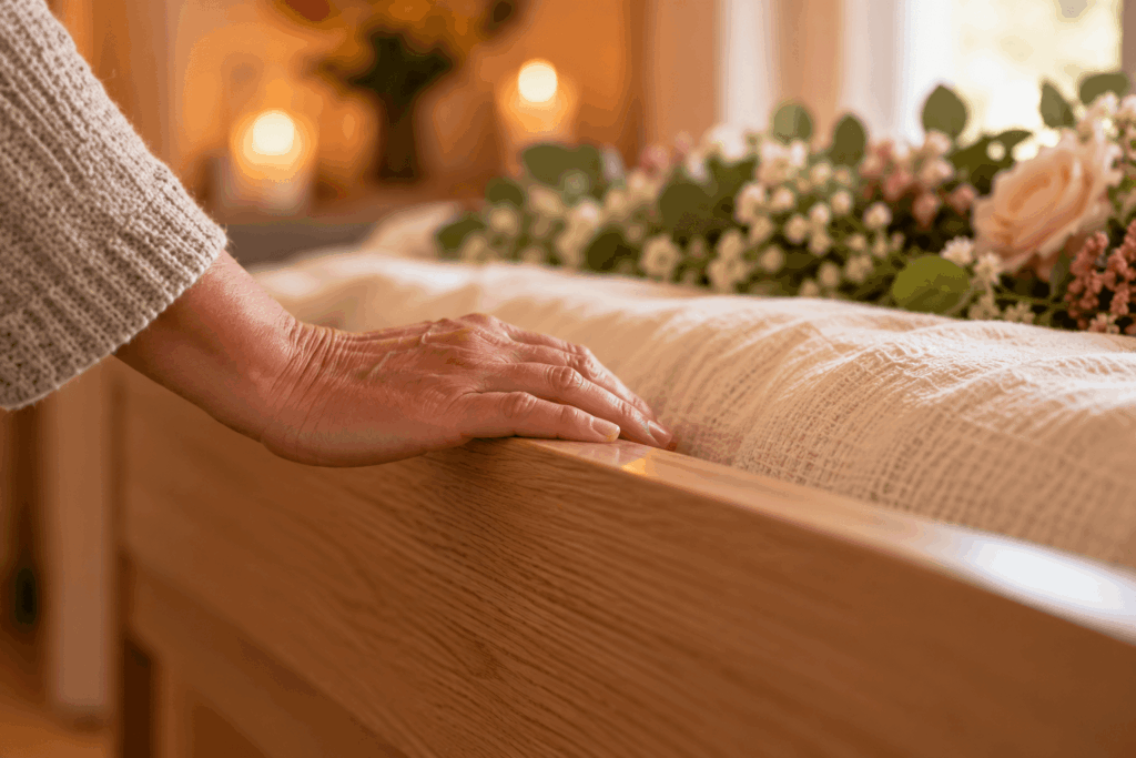 Tedere hand bij uitvaartkist